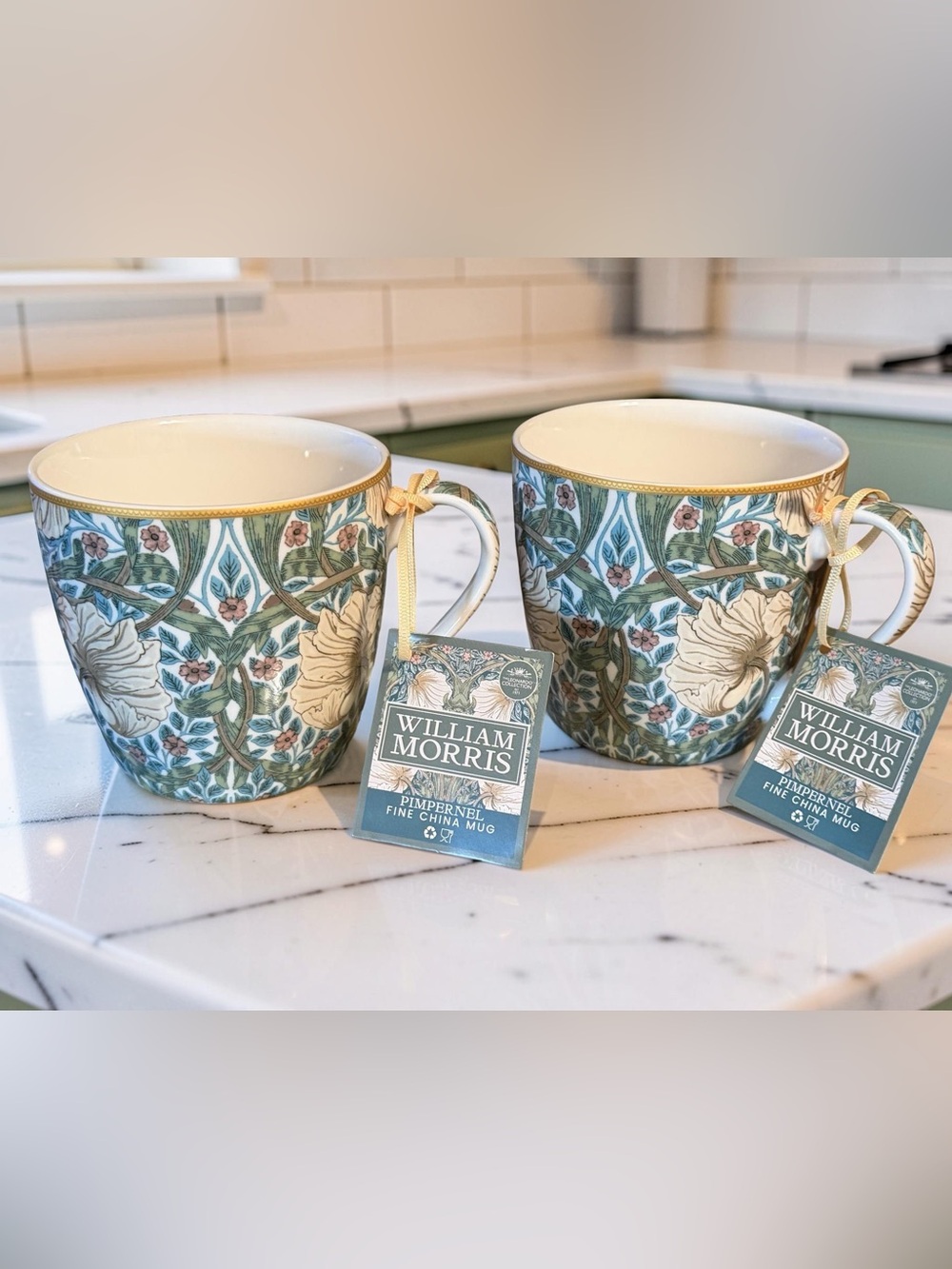 William Morris NWT Pimpernel Blue Floral Fine China Mugs - Set of 2